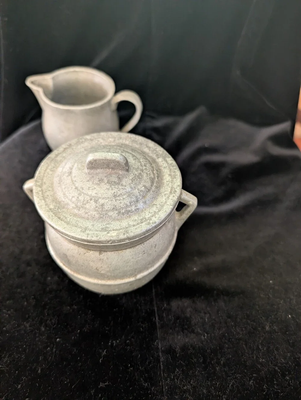 Vintage Pewter Creamer and Covered Sugar Set in Light Gray